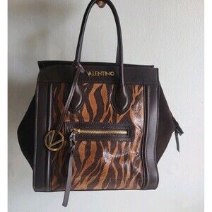 Valentino By Mario Women Leopard Print Large Brown Leather Handbag Shoulder Bag